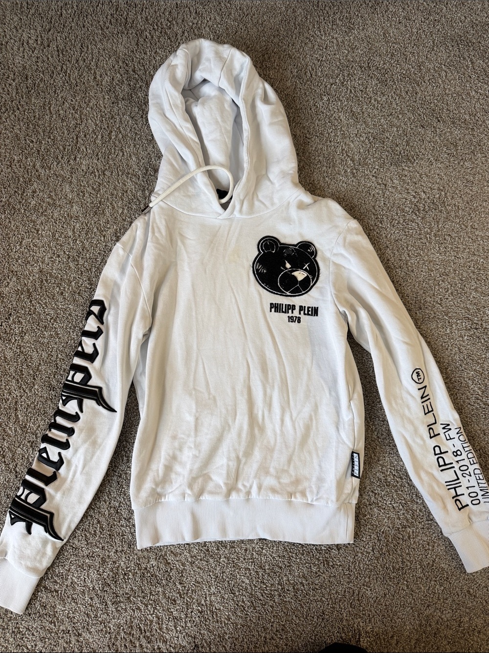 Philipp Plein White Hoodie with Black Bear Patch and Sleeve Graphics